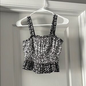 LOFT Black and White Smocked Leaf-Print Crop Tank